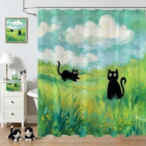Mocsicka Funny Cat Shower Curtain Cute Fun Black Cat Monet Bathroom Shower Curtain Cats Waterproof Fabric Shower Curtains Bathtub Decor with 12 Hooks 72 X 72 Inch