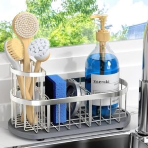 Sponge Holder for Kitchen Sink with High Brush Holder, [Stay-Dry Anywhere & No Drainage Needed] Rustproof Stainless Steel Kitchen Sink Caddy Organizer with Water Absorbing Stone Tray, Silver