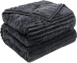 Sherpa Fleece Adult Weighted Blanket with Ribbed Stripes, 15 Pounds Dual Sided Soft Plush Blanket for Couch Bed Sofa, Heavy Thick Blankets with Glass Beads Great for Sleep, Dark Grey, 48″ x 72″