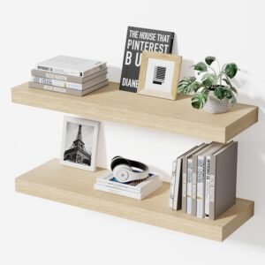 Floating Shelves for Wall, 24″ Wall Mounted Shelves, Rustic Farmhouse Decor & Storage for Bathroom, Kitchen, Living Room, Dining Room, with Invisible Brackets, Set of 2, Oak