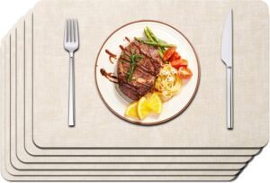Maxpearl Faux Leather Placemats Set of 6 – Waterproof – Wipe Clean – Heat Resistant – Anti Slip Dining Table Place Mats, Suitable for Indoor & Outdoor Use, 17’’×12’’, Beige