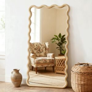 Full Length Mirror, 55″x28″ Boho Wavy Wood Floor Mirror, for Bathroom, Bedroom, Living Room, Cloakroom, Entryway