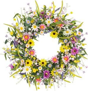 Yawwind 22 Inches Summer Wreaths for Front Door Spring Flower Wreaths Summer Door Wreath Colorful Wildflower Wreath with Daisy Lavender for Window Indoors Outdoor Decor