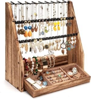 DGWJSU Jewelry Organizer Stand, 5 Layer Earring Holder Organizer with Necklace Holder, Rustic Wood Earring Organizer Display for Stud Earring Bracelet Necklace Ring, Watches