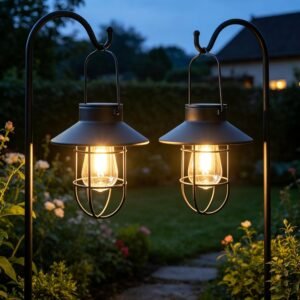 Solar Lantern 2pack Outdoor Hanging Light- Waterproof Vintage Metal Light with Shepherd Hook Decorative for Patio, Backyard, Porch, Yard (Black)