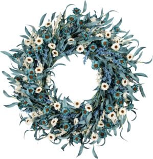24 Inch Blue Daisy Flower Wreaths for Front Door – Spring Summer Wreath with White Floral, Blue Eucalyptus Leaves &Lavender Farmhouse Indoor Outdoor Decor for Porch, Patio & Entryway