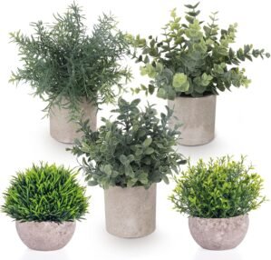 Lemonfilter Small Fake Plants, 5 Pack Artificial Eucalyptus Mini Potted Plant Indoor Greenery Plastic Fake Plants Faux Plant for Table Shelve Bathroom Kitchen Rustic Farmhouse Indoor Decor