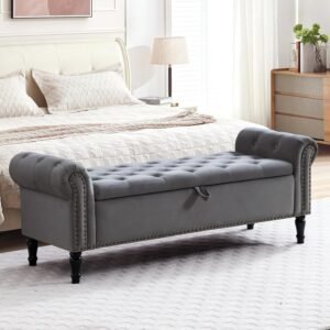 67” End of Bed Bench King Size, Storage Bench for Bedroom End of Bed, Upholstered Tufted Storage Ottoman Benches with Arms for Living Room, Entryway, Windows, Velvet Dark Grey
