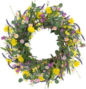 LLZLL Spring Decorations for Home 22″ Spring Wreath Artificial Summer Wreaths with Eucalyptus Leaf Lavender and Daisy for Easter Indoor Outdoor Home Festival Celebrations