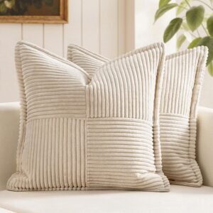 MIULEE Decorative Throw Pillow Covers for Couch Bed Livingroom 18×18 Inch Set of 2 Beige Boho Accent Throw Pllows Broadside Striped Patchwork Soft Corduroy Pillowcases