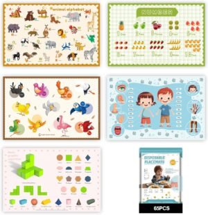 65 Pack Sticky Disposable Placemats for Baby & Toddlers,Toddler Placemat 12″x18″ Kids Table Mat for Party, Picnic Table, Restaurants Dining Table Travel Essentials for Toddlers with 5 Designs