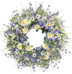 22 Inches Summer Wreaths for Front Door Blue Summer Door Wreath Spring Floral Wreath with Wildflower Lanvender for Wall Porch Indoors Outdoor Window Home Decorations