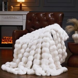 Faux Fur Throw Blanket for Couch, Fluffy Fuzzy Plush Bubble Blanket, Soft Warm Cozy Shaggy Rabbit Blanket, Luxury Decorative Gifts for Sofa Bedroom Living Room, 60x50inch (Beige)
