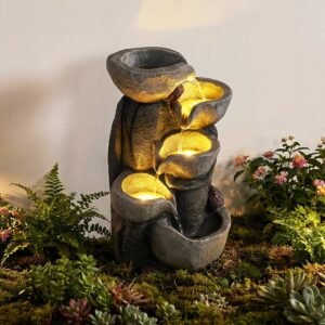 Giantex 5-Tier Outdoor Water Fountain with Lights, 17.5 Inch Cascading Bowls Tabletop Waterfall Fountain with Pump, Resin Garden Water Feature for Indoor Outdoor Patio, Yard, Porch Decor