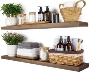 BGMG 36 inch Walnut Floating Shelves for Wall Set of 2, Solid Real Wood Rustic Mount Shelves for Living Room Bedroom Kitchen Farmhouse with Sturdy Hidden Bracket-36x 6.7 x1.25 inch