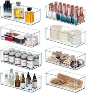 Qilinba 8 PACK Drawer Organizers Deep Drawer Organizer Bins Silverware Organizer Clear Stackable Storage Bins for Bathroom, Pantry, Office, Vanity, Desk Organization and Storage
