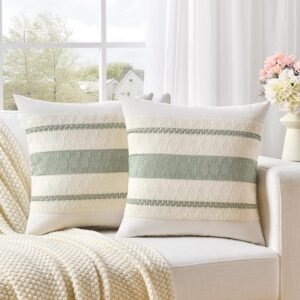 Fancy Homi Set of 2 Sage Green Boho Decorative Throw Pillow Covers 18×18 Inch for Living Room Bedroom Couch Bed Sofa Chair, Rustic Retro Cushion Case 45×45 cm, Bohemian Room Home Decor