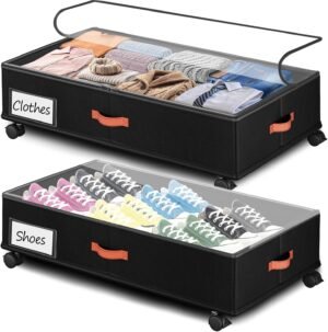 Under Bed Storage with Wheels 2-Pack, Under Bed Storage Containers 66L Clear Lids, Rolling Storage Drawers for Clothes Shoes Blankets, Underbed Organizer Bins(30″ L x 16.2″ W x 7.5″ H)