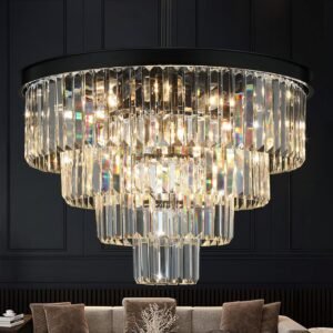 Crystal Chandeliers for Dining Room Lights Fixture Over Table, 15 Lights Black Modern Chandeliers for Living Room, 4-Tier Round Crystal Lighting Fixtures for Bedroom Entryway Kitchen Island D24 Inch