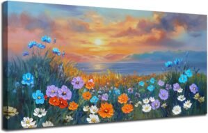 Ardemy Landscape Wall Art for Living Room Sunset Flower Large 40″x20″, Canvas Art Wall Decor Textured Bedroom Floral Painting Artwork Home Office Dining Room