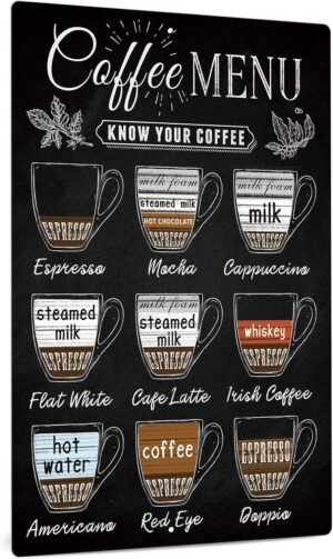 Putuo Vintage Coffee Menu Wall Decor, 12 x 8 Inches Aluminum Metal Sign for Bar, Restaurants, Cafes, Pubs, Office, Kitchen, Home Coffee Station