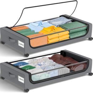 GoMaihe Under Bed Storage with Wheels: 48L Underbed Storage Containers with Lids – Rolling Bins for Shoes Clothes in Dorm Bedroom – Metal Drawers Easy Pull-out Grey 2-Pack