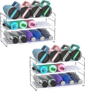 YAN & HIN Expandable Water Bottle Organizer for Cabinet, 3 Tier Tumbler Organizer, Adjustable Bottle Holder for Stanley, Hydro Flask, Kitchen Pantry Storage Rack (2 Pack)