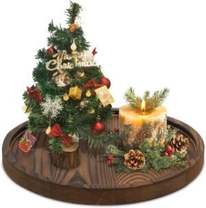 DEBETOOL Round Wooden Decorative Tray for Decor – Rustic Farmhouse Coffee Table Tray, Handmade Candle Holder Plate for Christmas Table Decorations and Centerpiece