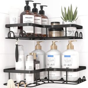 Sakugi Corner Shower Caddy – 2 Pack, Adhesive Shower Organizers, Rustproof Stainless Steel Shower Shelves with 8 Hooks, No Drilling Bathroom Organizers and Storage Racks, Space-Saving, Black, Medium