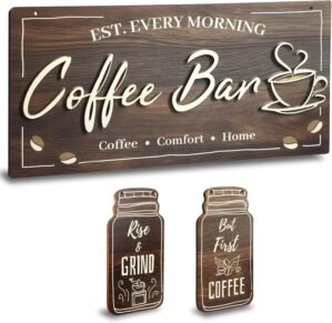 3 Piece Coffee Bar Decor Signs, Rustic Farmhouse Kitchen Wall Art with 3D Layered Wood Design, Themed Set for Coffee Station Accessories & Nook Decoration