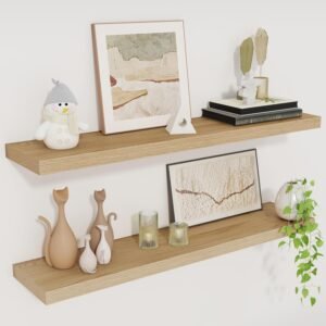 Fun Memories Floating Shelves for Wall, 30″ Rustic Wood Deep Wall Mounted Shelves with Invisible Brackets for Decor & Storage, Floating Shelf for Living Room, Bathroom (Oak, Set of 2)