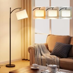 Ambimall Tall Floor Lamps with 3 Color Temperatures Bulb & Adjustable Linen Shade, for Living Room, Bedroom, Office, Classroom, Dorm Room (9W Bulb Included), Beige & Black, 60″