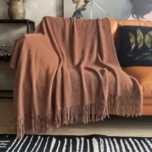 LOMAO Knitted Throw Blanket with Tassels Bubble Textured Lightweight Throws for Couch Cover Home Decor (Caramel, 50×60)