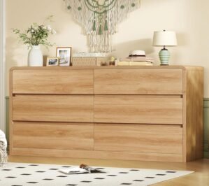 TEENFON 55″ Dresser for Bedroom with 6 Drawers, Dressers & Chests of Drawers with Curved Profile Design, 6 Drawer Dresser, Bedroom Dressers, Wood Dressers for Bedroom, Hallway, Natural