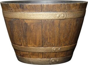 Classic Home & Garden by Growscape Whiskey Barrel Planters, Wooden Finish Flower Planter Pot, Decorative Garden Pots, Indoor Outdoor Resin Planters, Weather-Resistant Plant Pot (15” Oak Brown, 1-Pack)