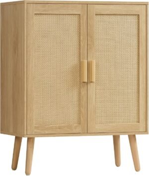 Iwell Storage Cabinet with 2 Shelves, Rattan Cabinet with 2 Doors, Sideboard Buffet Cabinets with Storage for Living Room, Dining Room, Entryway, Natural