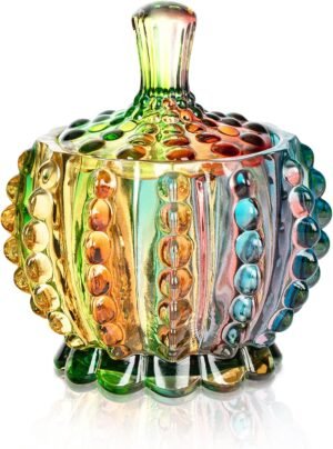Joeyan 6 oz Colorful Embossed Glass Jars with Lid – Crystal Glass Candy Dishes – Iridescent Candy Jars Jewelry Box for Wedding, Party, Buffet Decorative