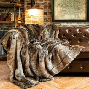 BATTILO HOME Luxury Brown Faux Fur Blanket Thick Warm Elegant Cozy Fuzzy Throw for Couch, Bed, Sofa Fluffy Blankets Decorative Reversible to Plush Velvet, 50″x60″