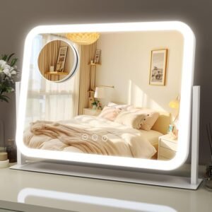 ROLOVE Lighted Makeup Mirror, 17″x13″ Vanity Mirror with Lights, 10X Magnification, Gifts for Women, 3 Color Lighting Modes, Smart Touch Control, 360° Rotation for Bedroom or Tabletop (White)