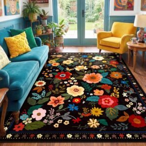 RELEANY Floral Nursery 5×7 Area Rugs Washable Print Boho Cute Carpet Non Slip Flower Low Pile for Living Room Kids Girls Playroom Bedroom Kitchen Office Farmhouse-Black