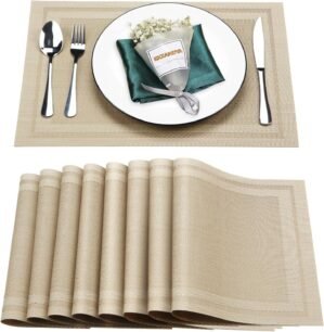Placemats Set of 8,Vinyl PVC Heat Resistant Washable Placemats Set,Non Slip Place Mats for Restaurant Table Protection,PVC Table Mats(Beige,8PCS)