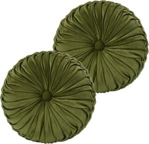 HIG Set of 2 Decorative Round Pleated Throw Pillows, Classy Accent Pumpkin Throw Pillows with Center Button, Vintage Velvet Floor Pillows for Sofa Couch Vanity Chair Bed, Olive, 14.5″ Diameter(Ripple)