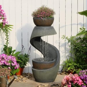 Sunlinua 31.9″ S-Shaped Water Outdoor Fountain–Modern Cascading Waterfall Feature with LED Lights & Planter Bowl, Garden Fountains Outdoor for Patio, Balcony, Yard or Home Decor, Resin Waterfall