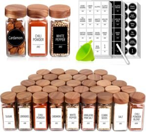 Churboro 36 Glass Spice Jars with 547 Labels with Shaker Lids – 4 Oz Square Spice Containers with Acacia Wood Lids, Chalk Pen, Funnel Seasoning Jars for Spice Rack, Cabinet, or Drawer