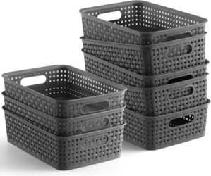 NETANY Plastic Storage Baskets – 8 Pack, Gray, Durable, Easy to Use, Flexible, Multi-Purpose, Ideal for Closets, Cabinets, Shelves, Countertops