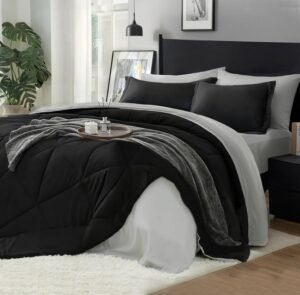 BEDELITE Queen Comforter Set 7 Pieces Bed in A Bag – Soft Microfiber Reversible Black Bed Set with Comforters, Sheets, Pillowcases & Shams, Cozy Luxury Bedding Sets for All Season
