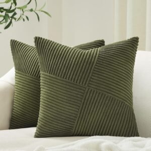 Topfinel Olive Green Decorative Throw Pillow Covers Set of 2 18×18 Inches for Couch Bed Sofa, Boho Aesthetic Home Decor, Soft Corduroy Striped Patchwork Windmill Textured Cushion Cases 45×45 cm