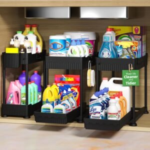 Sevenblue 3 Pack Under Sink Organizers,2-Tier Multi-Use Kitchen and Bathroom Organizers and Storage with Sliding Drawers,Bathroom Cabinet Organizer (Black, 12.8 Inch)