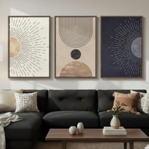 Framed Large Boho Neutral Abstract Wall Art for Living Room, Black Beige Sun and Moon Paintings Prints for Hallway Office, Set of 3 Piece Modern Minimalist Canvas Artwork Pictures 24×36 Inch