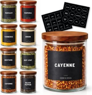 8 Pcs Glass Spice Jars with Acacia Airtight Lids and 120 Labels, 6oz Empty Containers Seasoning Bottles, Waterproof Minimalist Spice labels Preprinted, Jars for Pantry Organization and Storage (Black)